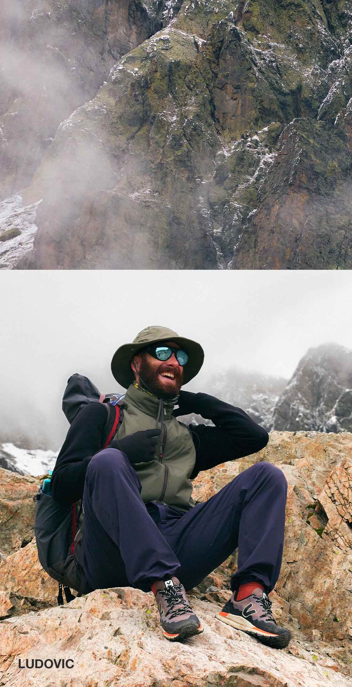 Member of the VEJA team, smiling with FITZ ROY hiking shoes on his feet.