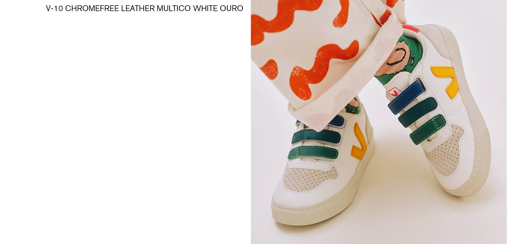 Focus on the feet of a child wearing V-10 chromefree multico white multico ouro trainers