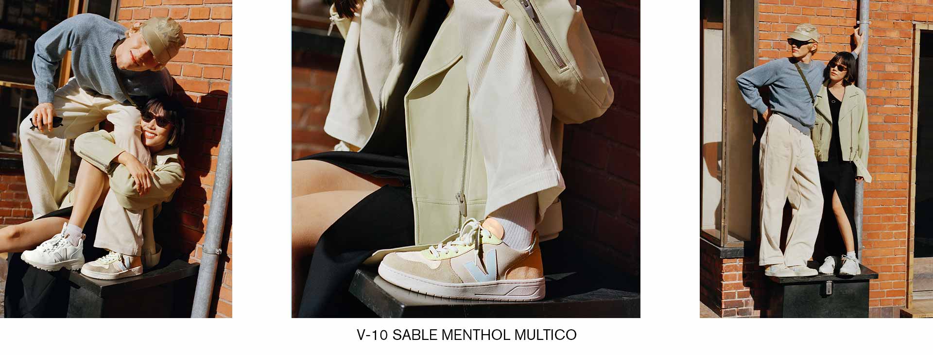 several visuals of the v-10 sand menthol multico sneaker